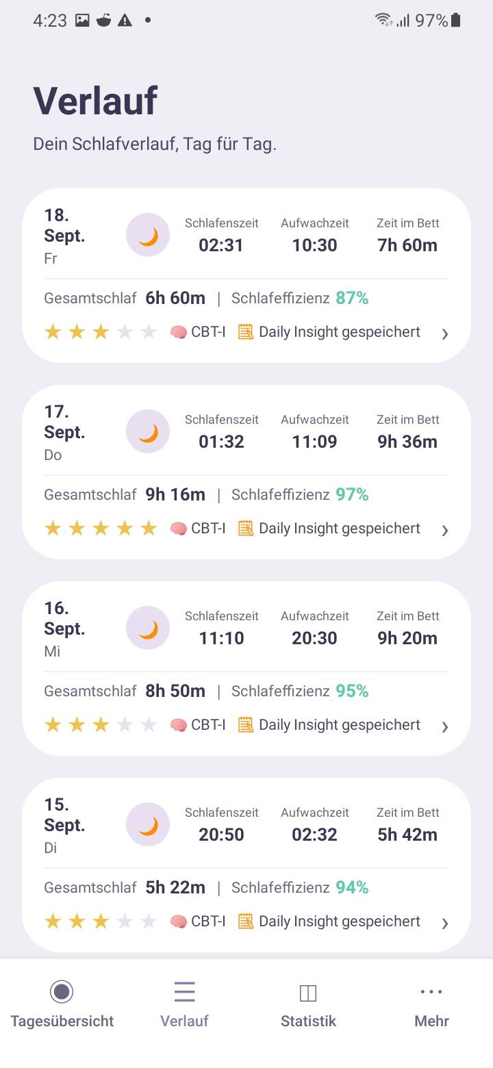 History — Halte das Wesentliche fest — Schlafenszeit, Aufwachzeit, Einschlafdauer, nächtliches Aufwachen und Schlafgefühl.