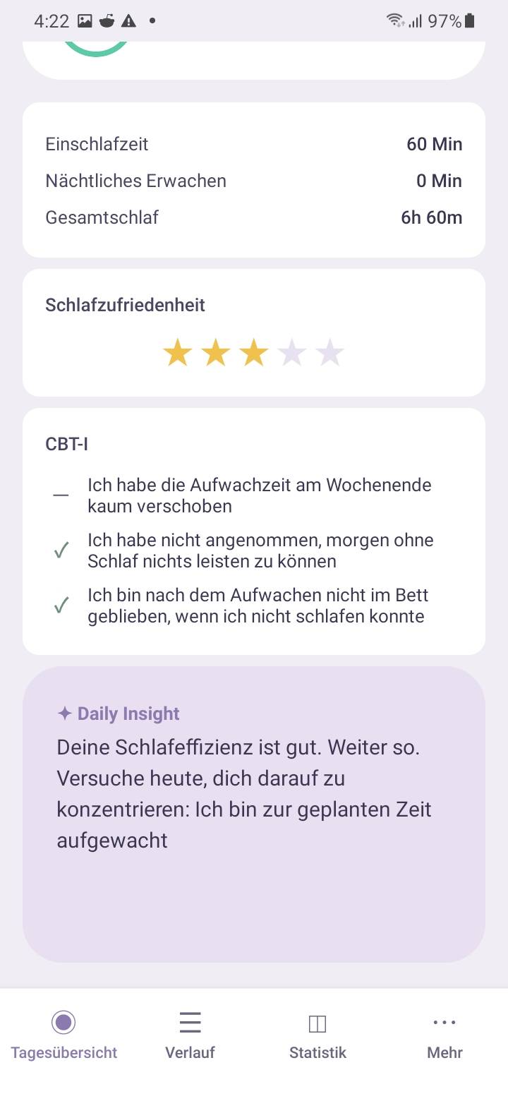AI Daily Insight — Simple CBT-I prüft jeden Morgen deine Schlafeinträge, aktuelle Trends und tägliche CBT-I-Check-ins und erstellt einen kurzen Daily Insight. Keine lange Analyse — eine konkrete Handlung für heute.