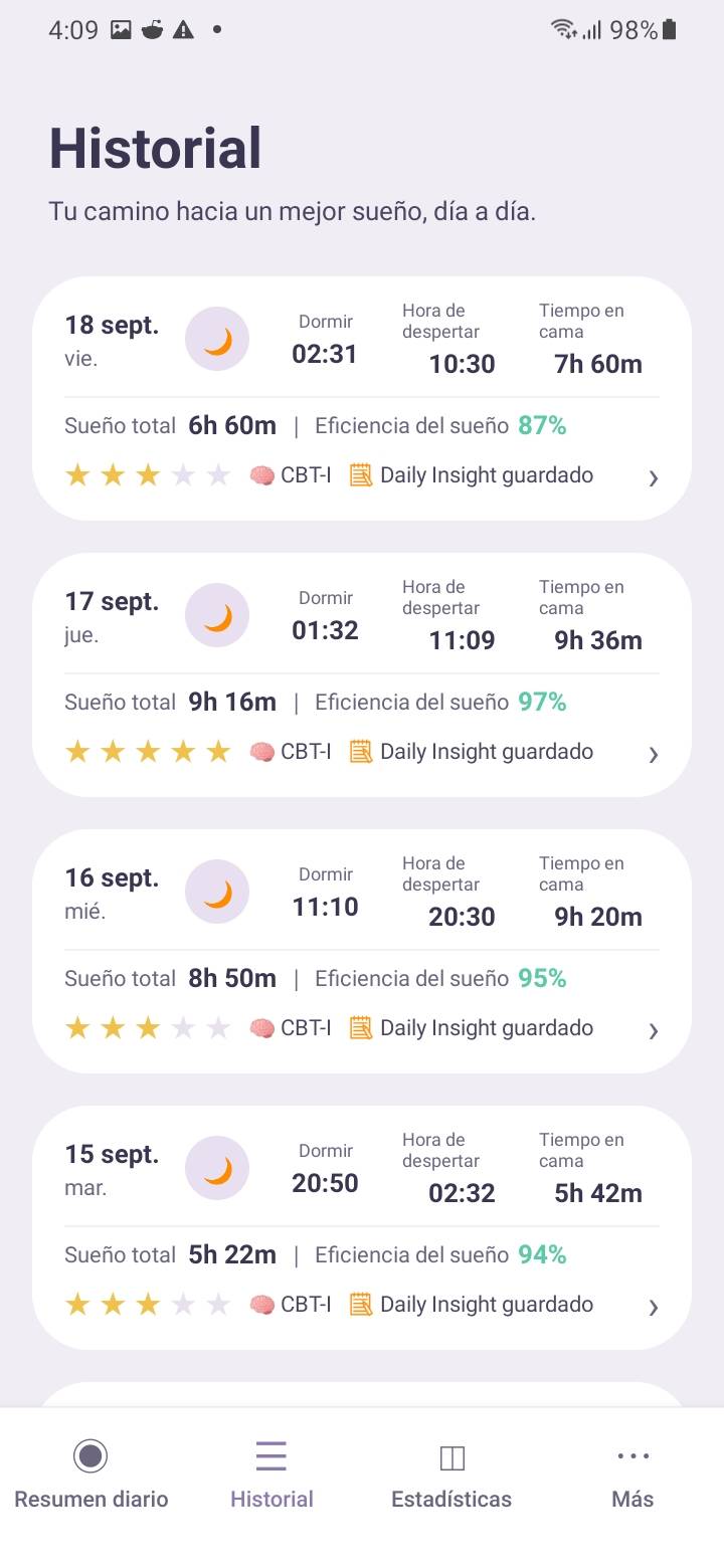 History — Registra lo esencial — hora de acostarte, de despertar, cuánto tardaste en dormirte, despertares nocturnos y cómo sentiste tu sueño.