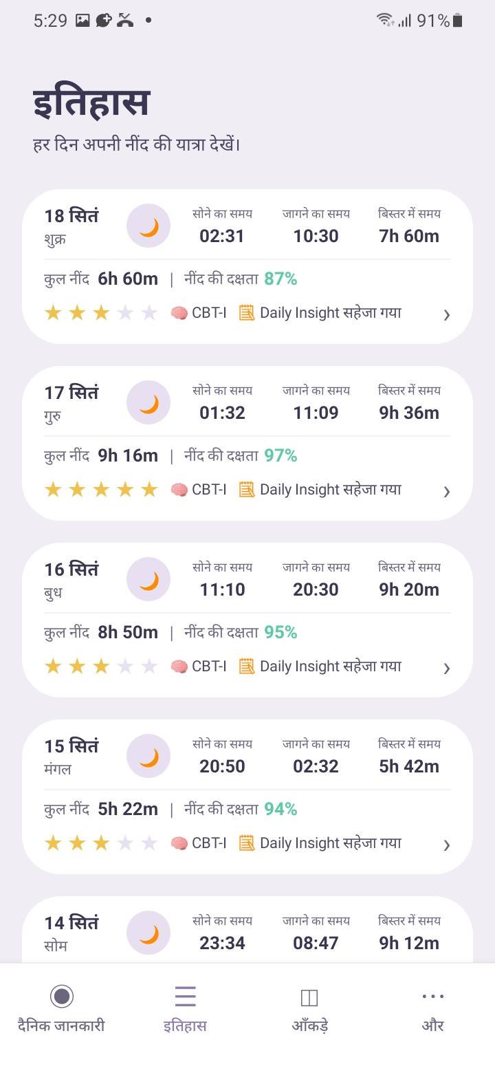 History — ज़रूरी बातें दर्ज करें — सोने का समय, जागने का समय, कितनी जल्दी सोए, रात में जागना और नींद कैसी रही।