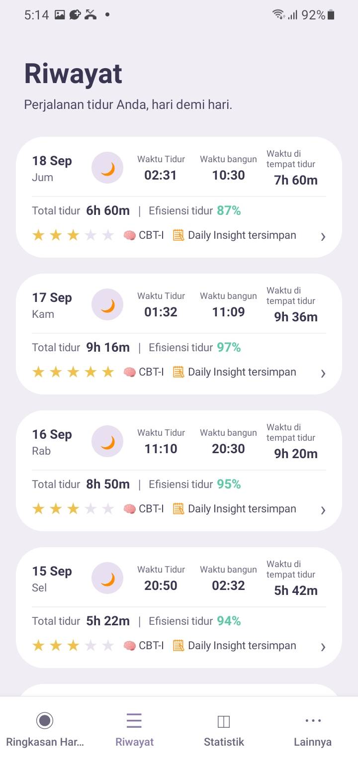 History — Catat hal penting — waktu tidur, waktu bangun, berapa lama tertidur, terbangun di malam hari, dan perasaan tentang tidurmu.