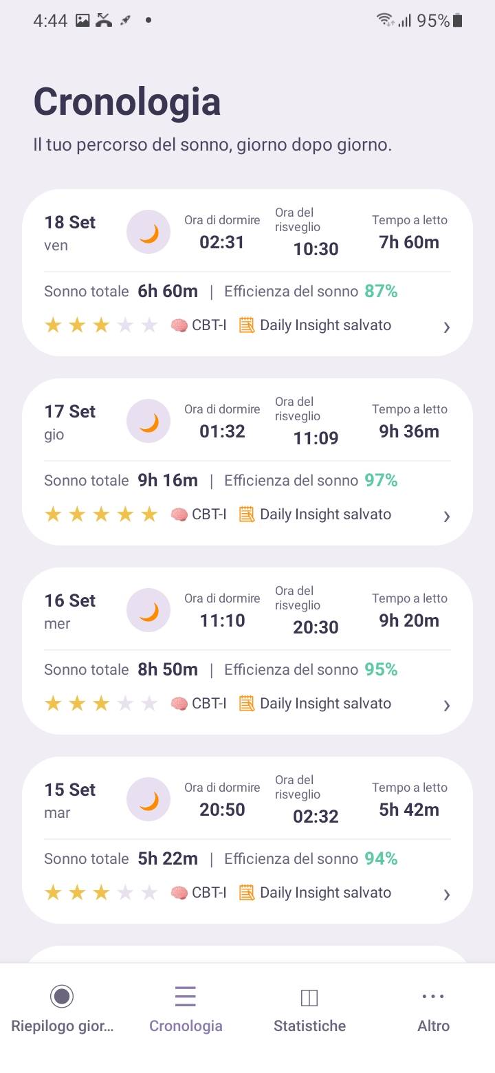 History — Registra l'essenziale — ora di andare a letto, di sveglia, tempo di addormentamento, risvegli notturni e come hai percepito il sonno.
