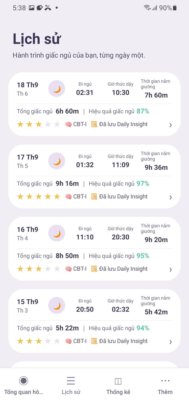 History — Ghi lại những điều cần thiết — giờ ngủ, giờ thức, thời gian để ngủ, thức giấc ban đêm và cảm nhận về giấc ngủ.